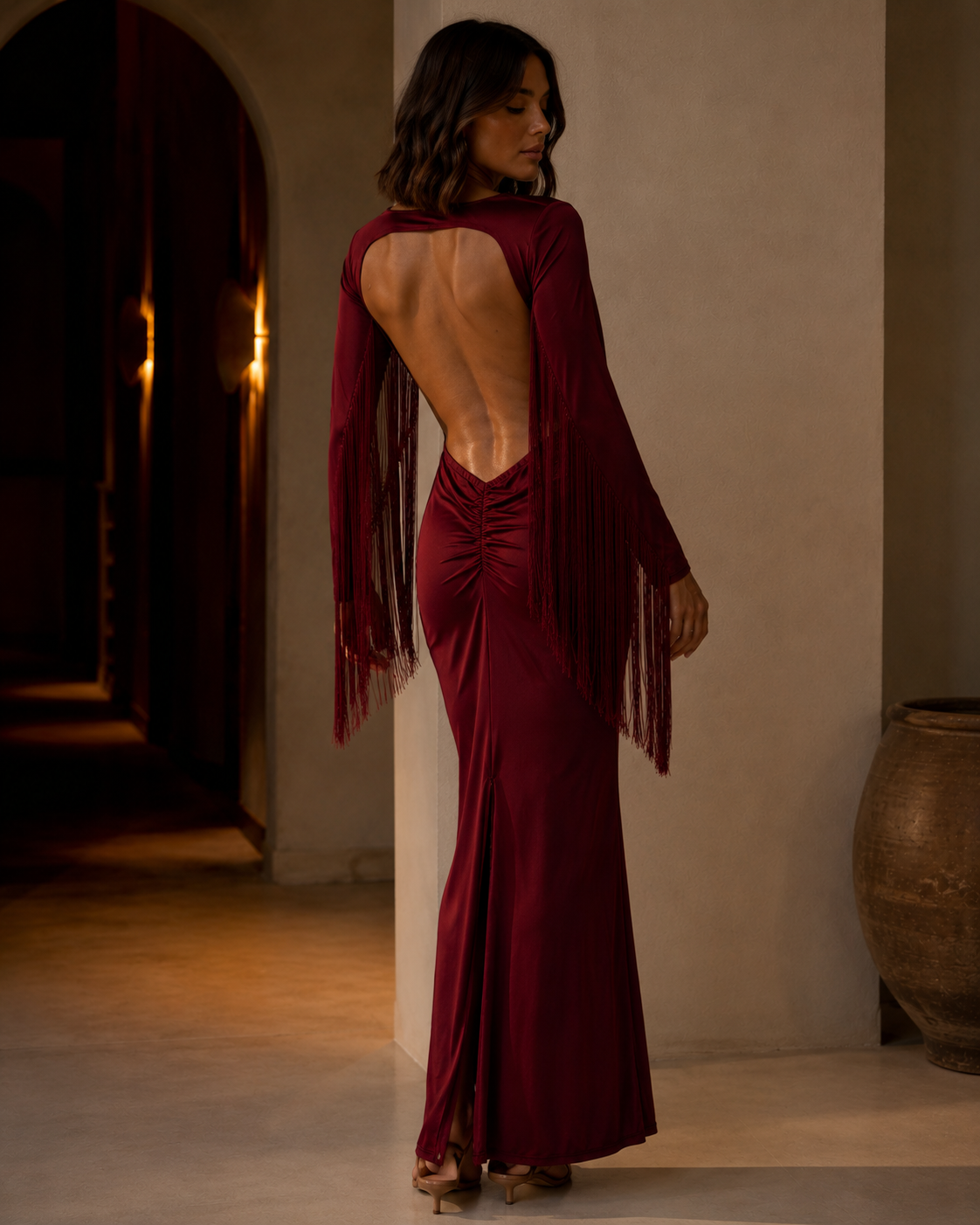 Rubí Dress: Handmade Luxury Open Back Fringe Evening Dress